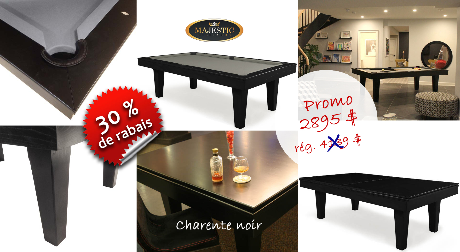 Table de Billard Charente noir à 30 % de rabais, une économie de 1244$